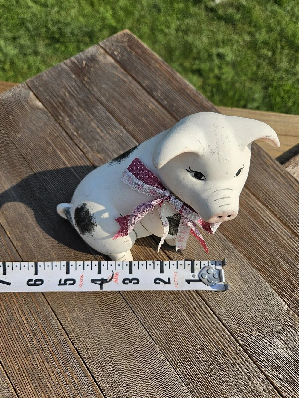 COTTAGECORE Vintage Spotted White Ceramic Pig Statue Farm Animal Decor Plaid